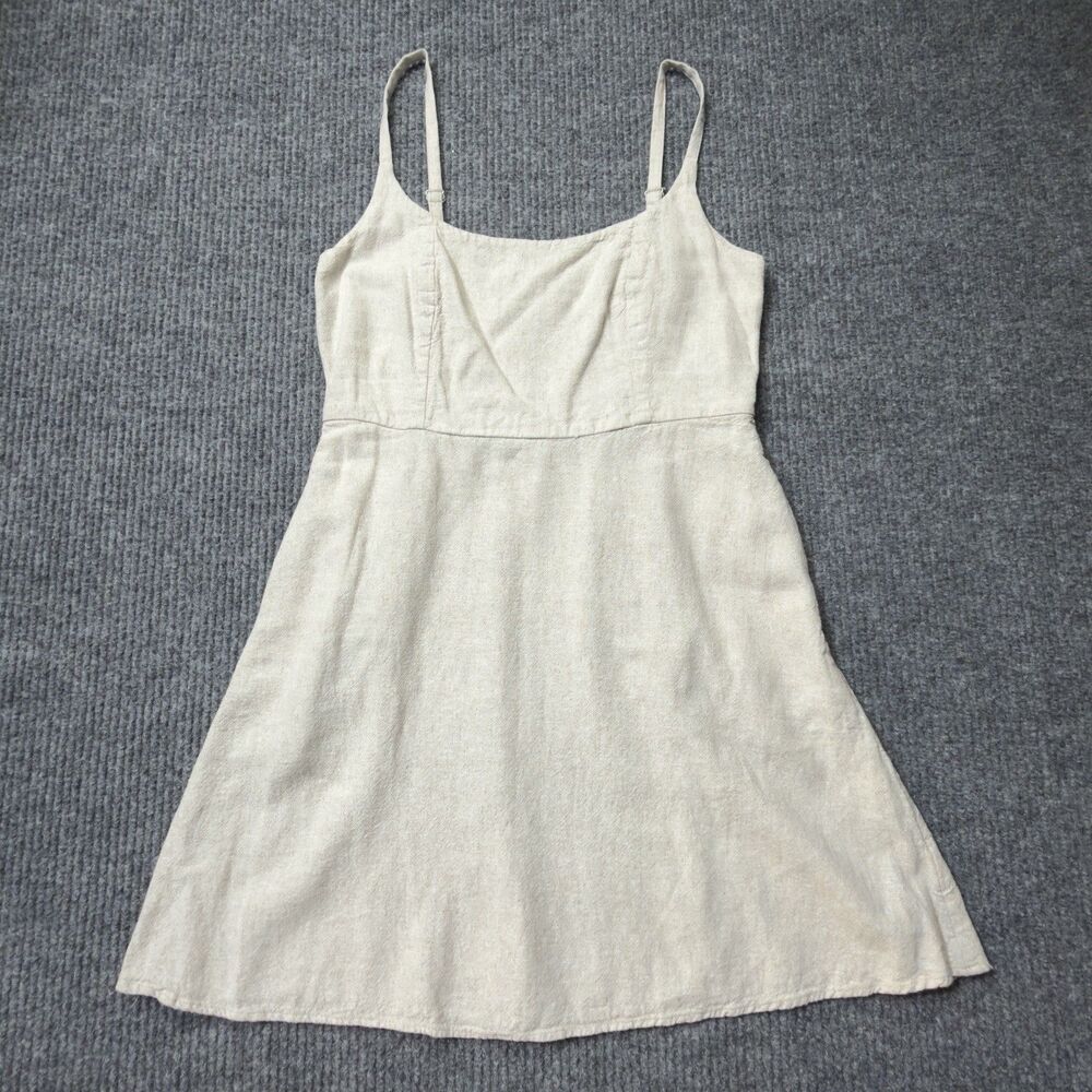 Old Navy Midi Dress Womens Size Medium Beige Linen Blend Smocked Pockets
